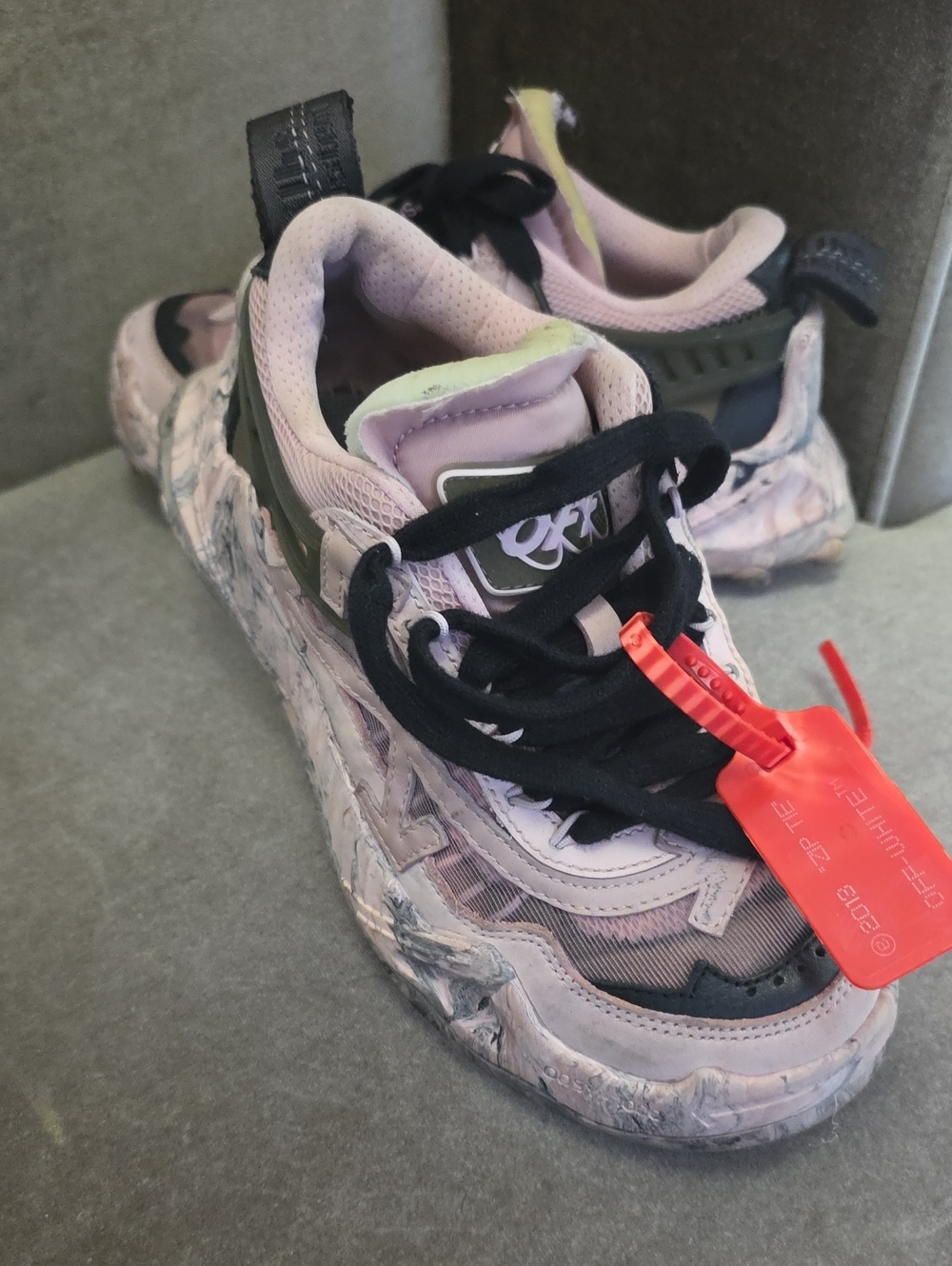 Off-White Pink and Black Sneakers with Red Tag